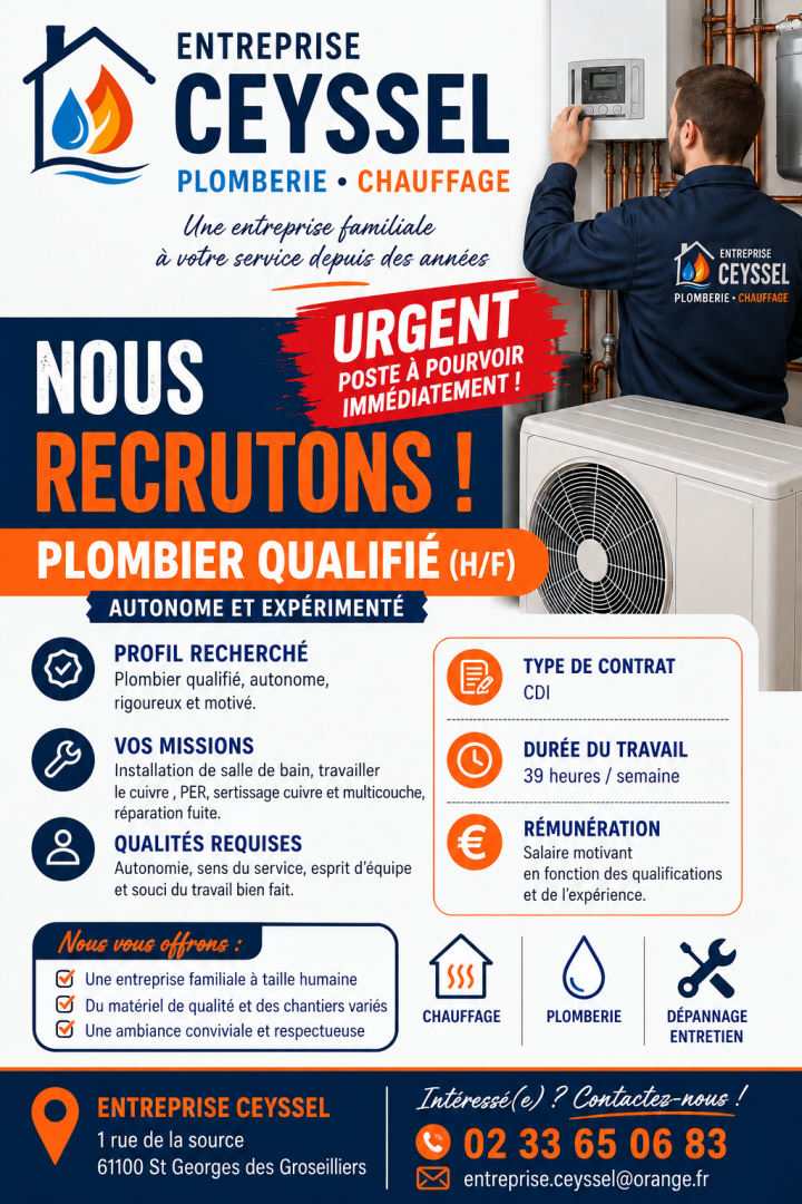 Recrutement plombier chauffagiste – Entreprise Ceyssel